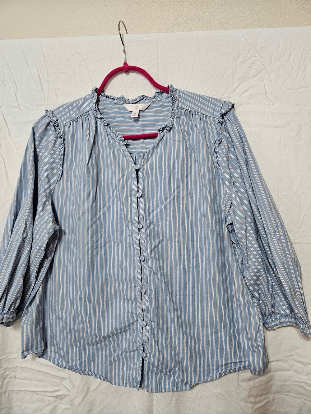 LC Lauren Conrad Light Blue & White Striped Ruffle Button-Front Top